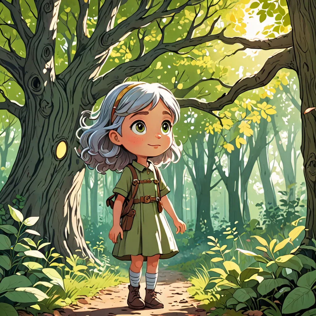 a girl in a green dress standing in the woods near a tree with leaves on it and a light blue hair, Cliff Childs, fantasy art, a storybook illustration, rossdraws global illumination