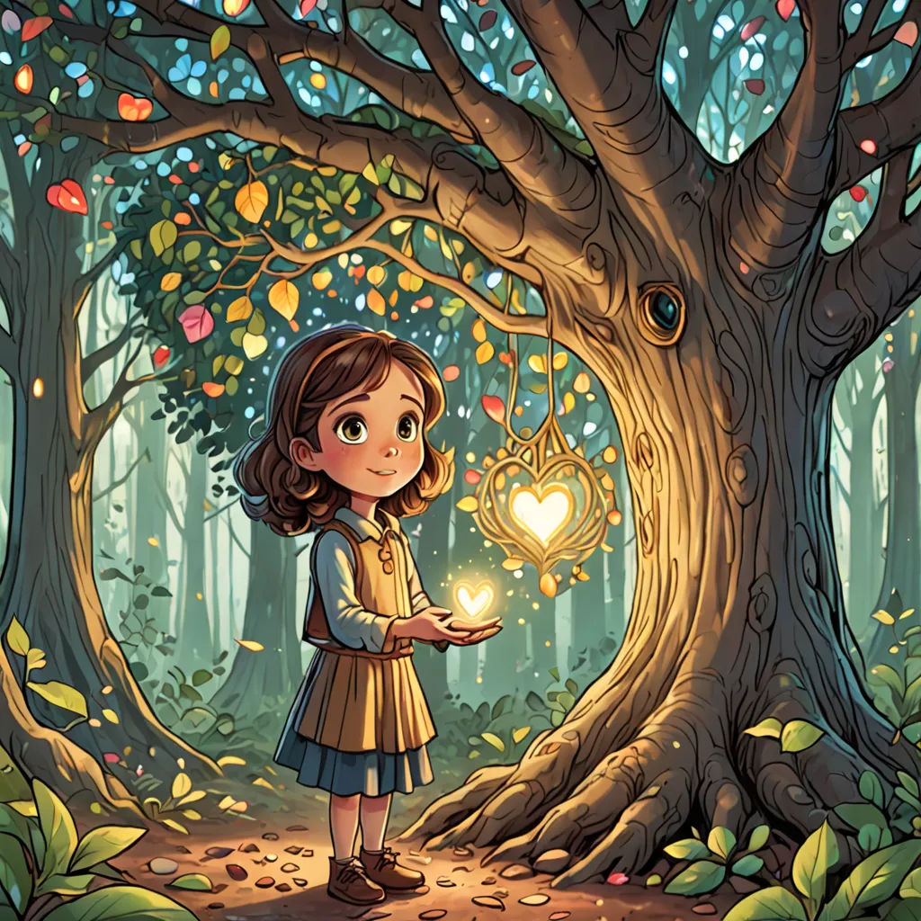a girl holding a heart shaped lantern in a forest with a tree and a heart shaped lantern in the middle, Diego Gisbert Llorens, fantasy art, a storybook illustration, rossdraws global illumination