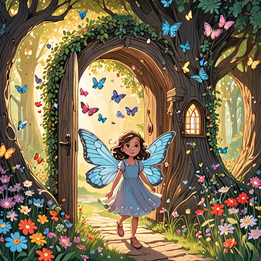a fairy with a blue dress and butterfly wings walking through a forest with a doorway to a butterfly house, Cliff Childs, magical realism, a storybook illustration, storybook illustration