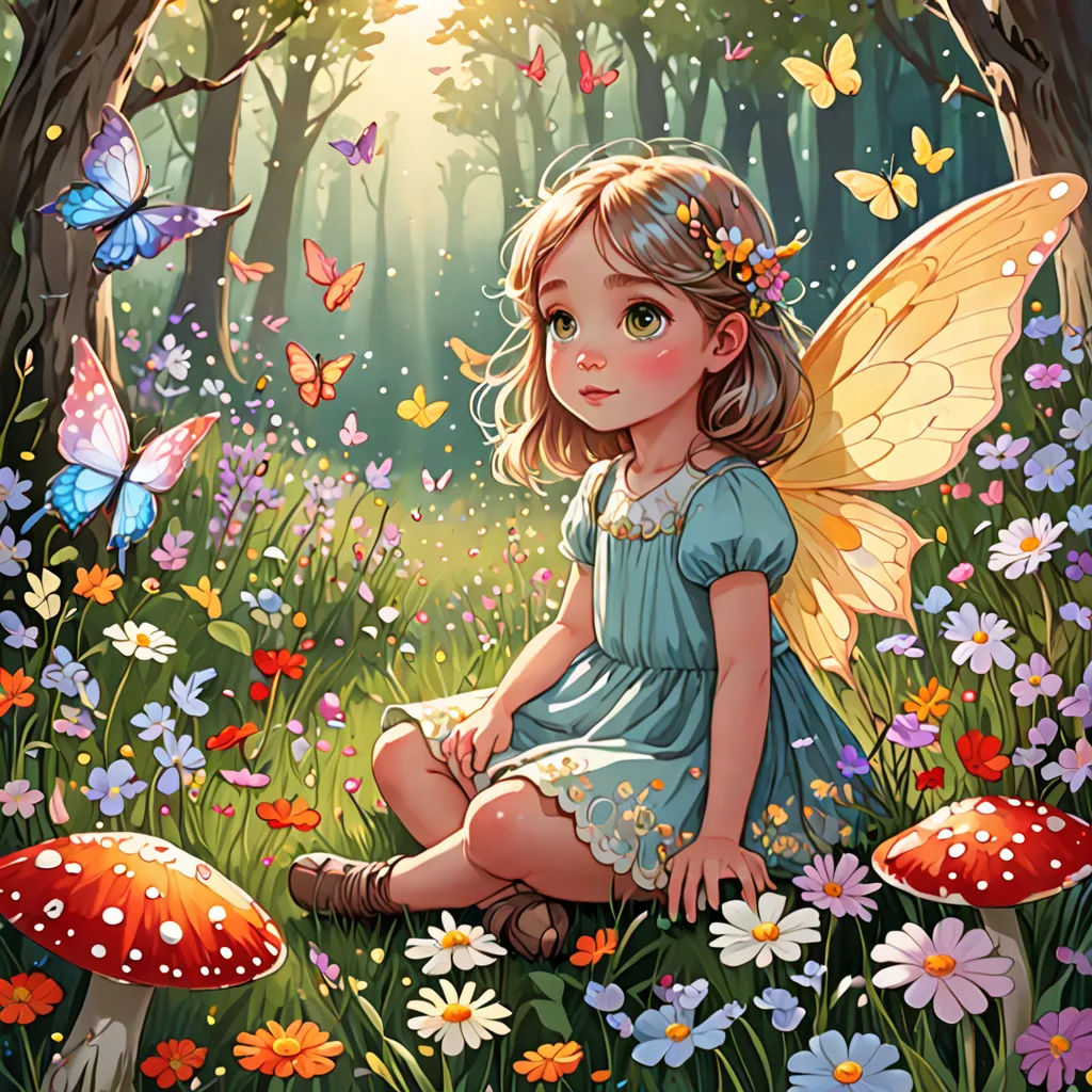 a little girl sitting on the ground in a forest with butterflies and mushrooms around her, with a butterfly in her hair, Alice Prin, fantasy art, a storybook illustration, rossdraws global illumination