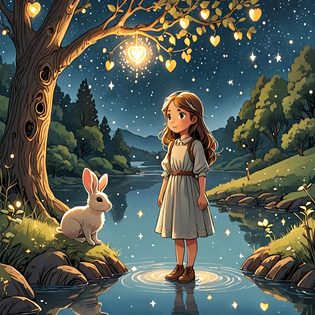 a girl standing in a river with a rabbit under a tree in the background at night time with stars and a heart shaped light, Alice Prin, fantasy art, a storybook illustration, fireflies