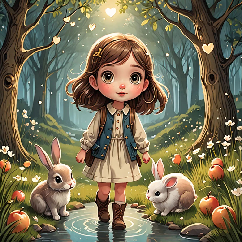 a little girl standing in the middle of a forest with rabbits around her and a light shining on her, Alice Prin, fantasy art, a storybook illustration, storybook illustration