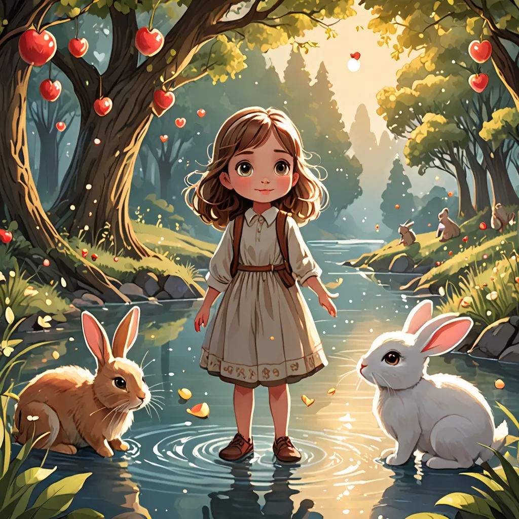 a little girl standing in a river with two rabbits in front of her and a forest with apples on the trees, Alice Prin, fantasy art, a storybook illustration, storybook illustration