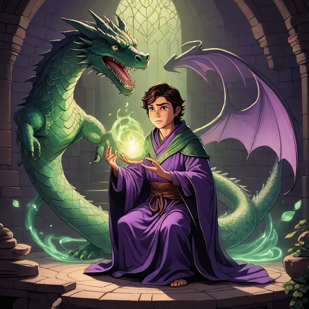 a man in a purple robe holding a green ball next to a dragon in a doorway with a light shining in it, fantasy art, a storybook illustration, Diego Gisbert Llorens, dragon art