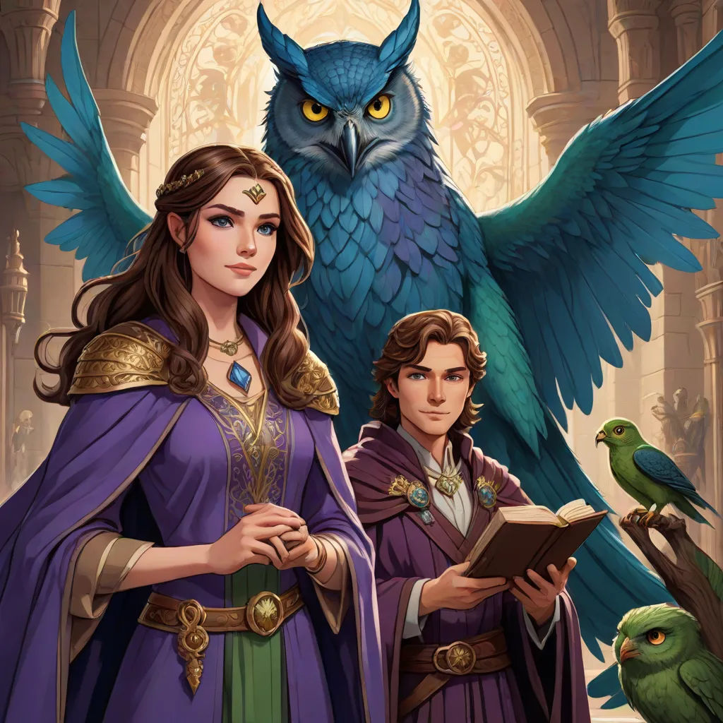 a woman and a man standing next to each other with an owl on their shoulder and a bird on their shoulder, fantasy art, a storybook illustration, Cedric Seaut (Keos Masons), official art