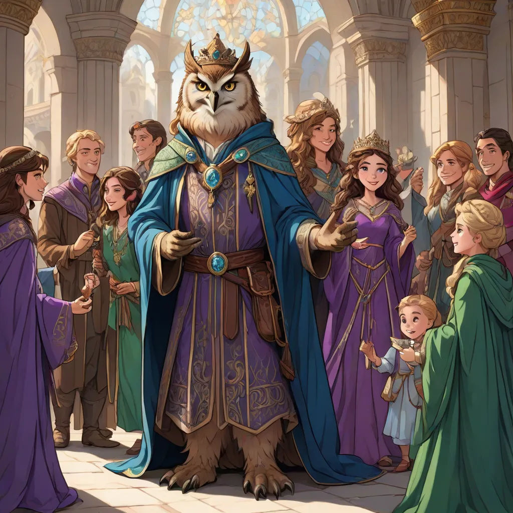 a group of people standing around a man in a costume and an owl in a crown and a woman in a dress, sots art, a storybook illustration, Cedric Seaut (Keos Masons), official art