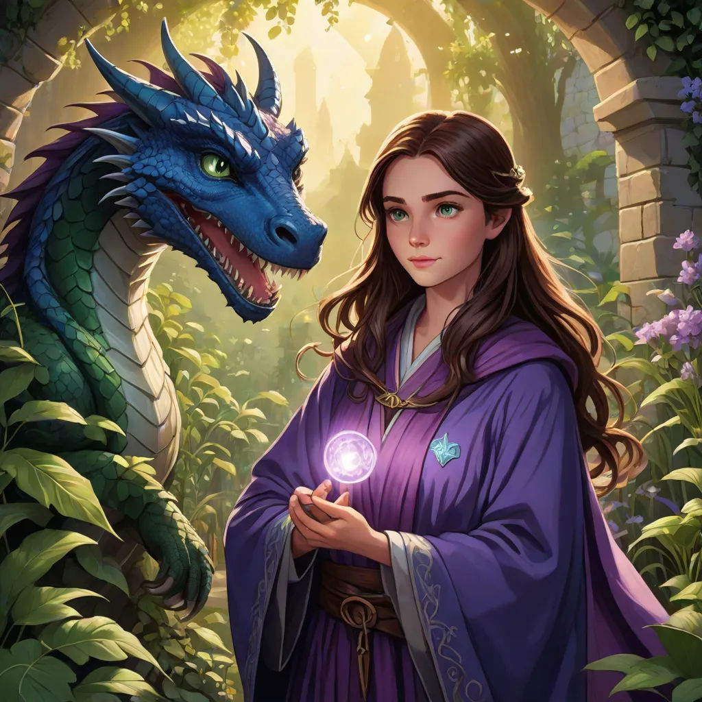 a woman holding a glowing ball next to a dragon in a forest with flowers and bushes on either side of her, fantasy art, a storybook illustration, Anne Stokes, fantasy artwork