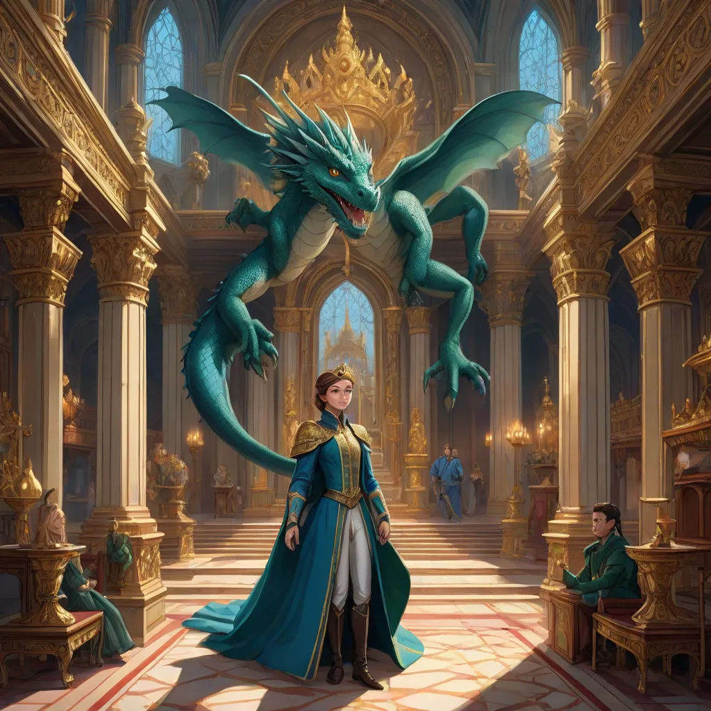 a woman in a blue dress standing in a room with a dragon on the floor and a man sitting on a chair, fantasy art, a storybook illustration, Clint Cearley, rossdraws global illumination