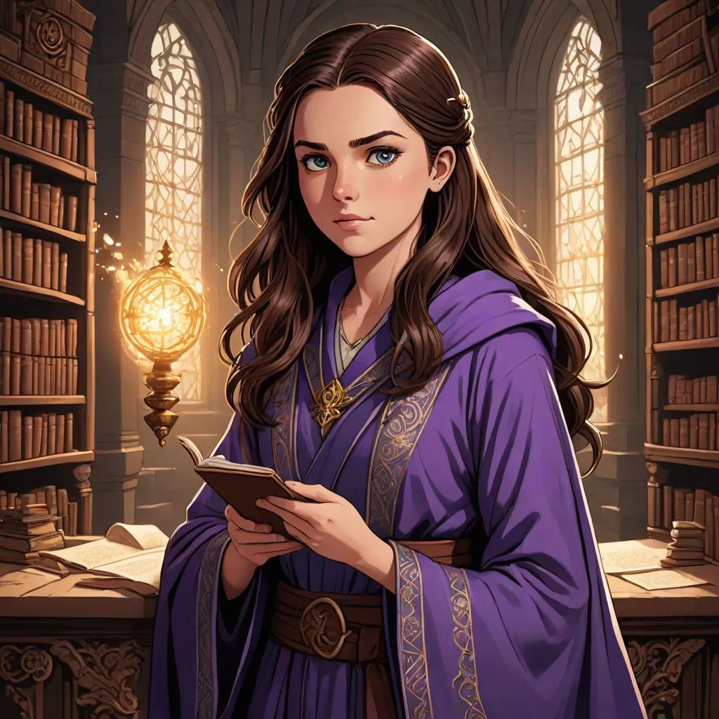 a woman in a purple dress holding a book in a library with a lamp in her hand and a book in her other hand, fantasy art, a character portrait, Charlie Bowater, epic fantasy character art