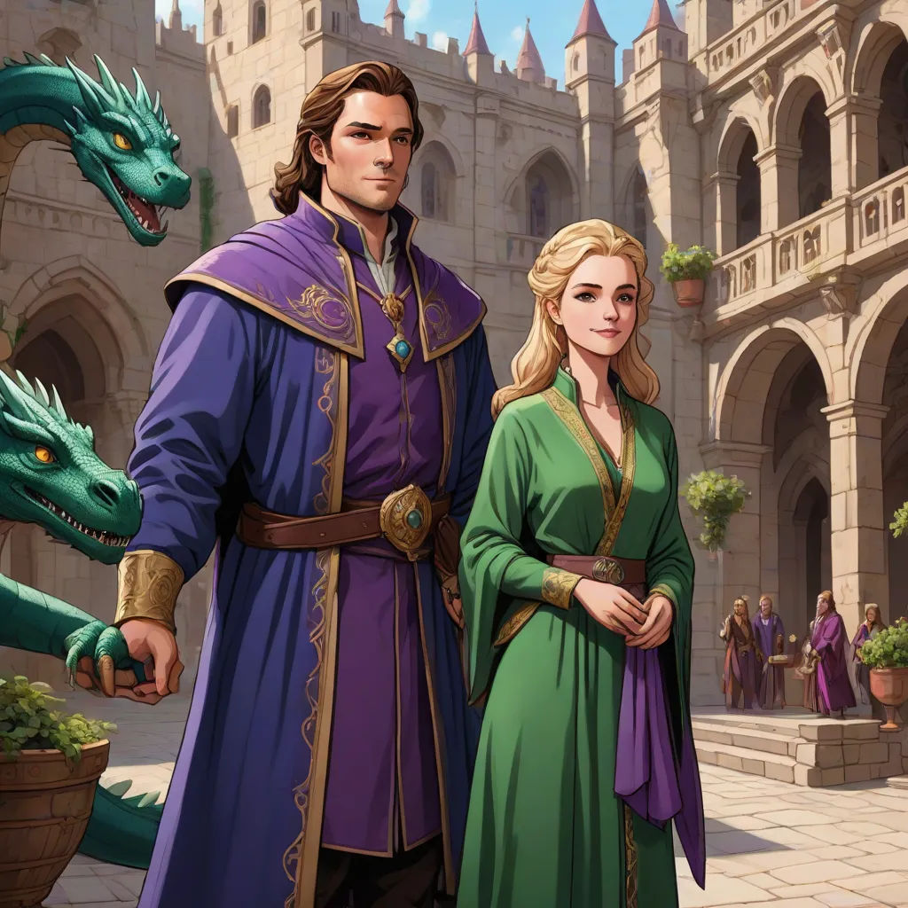 a man and woman standing next to each other in front of a castle with a dragon on the other side, fantasy art, a storybook illustration, Cedric Seaut (Keos Masons), official art