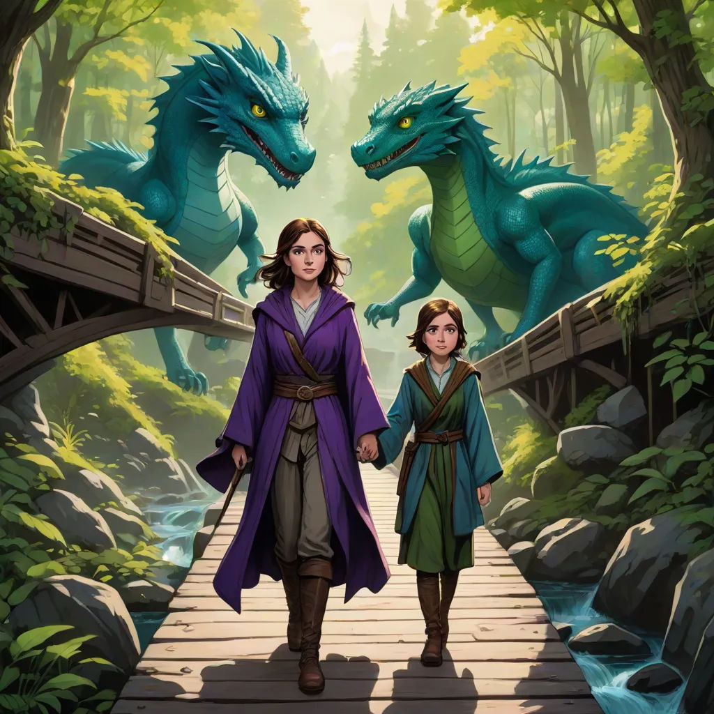 a woman and a child are walking on a bridge with a dragon in the background and a bridge leading to them, fantasy art, a storybook illustration, Brothers Hildebrandt, comic cover art