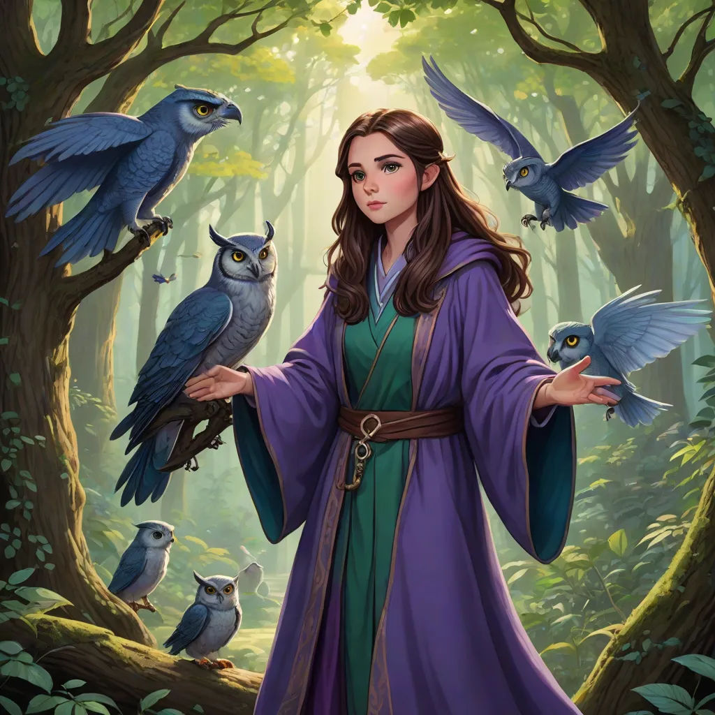 a woman holding two birds in a forest with owls on her arm and a bird on her arm,, fantasy art, a storybook illustration, Art of Brom, epic fantasy character art