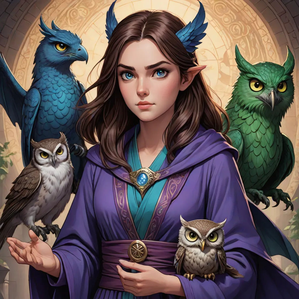 a woman holding two owls and a green owl on her arm, with a blue robe on her shoulders, fantasy art, a storybook illustration, Anne Stokes, epic fantasy character art