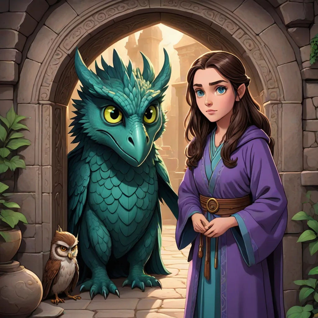 a woman standing next to a green dragon and a green owl in a doorway with a stone wall and a stone archway, fantasy art, a storybook illustration, Anne Stokes, dragon art
