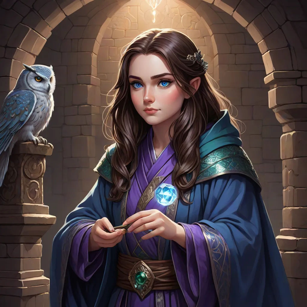 a woman in a purple dress holding a blue owl and a light bulb in her hand, with a castle archway in the background, fantasy art, a character portrait, Charlie Bowater, epic fantasy character art