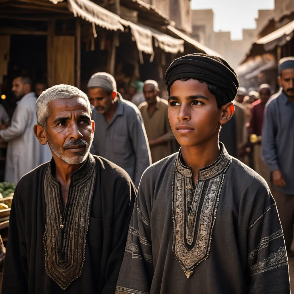 two men standing next to each other in front of a crowd of people in a market place with a man in a turban, hurufiyya, a photo, Altoon Sultan, orientalism