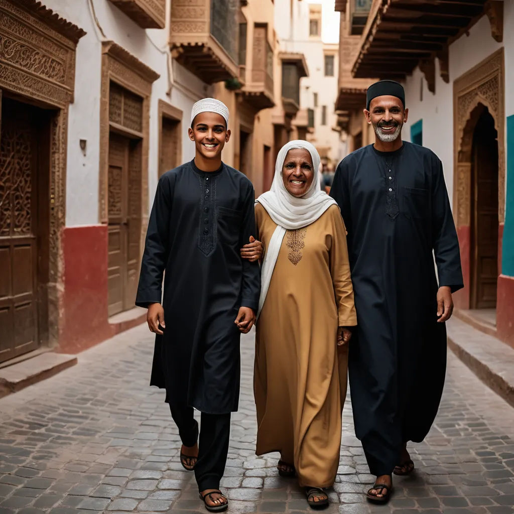 three people in traditional arabic clothing are walking down a street in a narrow alleyway in a city with cobblestones, hurufiyya, a stock photo, Fathi Hassan, portrait photography
