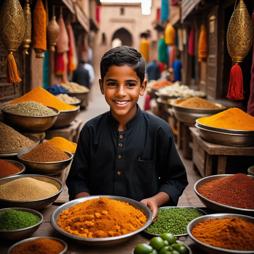 a boy standing in front of a table full of bowls of food and spices in a market place with a variety of colors, hurufiyya, a stock photo, Amir Zand, award-winning photograph