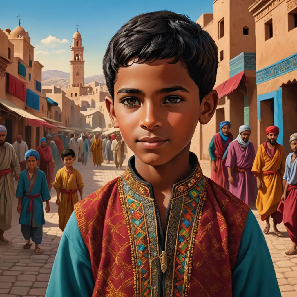 a painting of a boy in a colorful outfit in a street with people in the background and a clock tower in the distance, hurufiyya, a detailed matte painting, Colin Middleton, orientalism