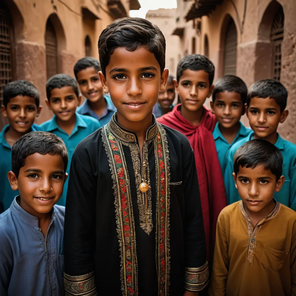 a group of young boys standing next to each other in a alley way with a woman standing in front of them, hurufiyya, a jigsaw puzzle, Amir Zand, portrait photography