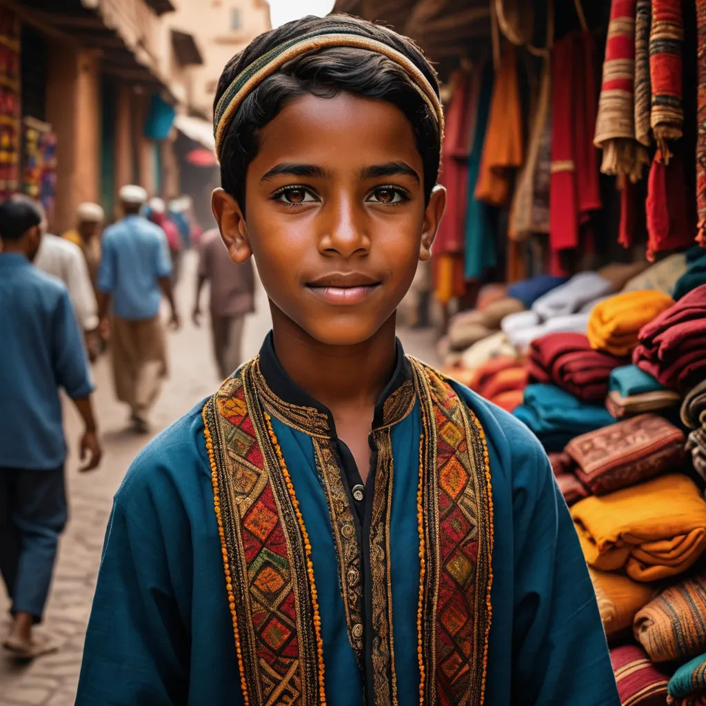 a young boy standing in front of a store with a lot of fabrics on display in the background and a man walking by, hurufiyya, a stock photo, Daniel Lieske, portrait photography