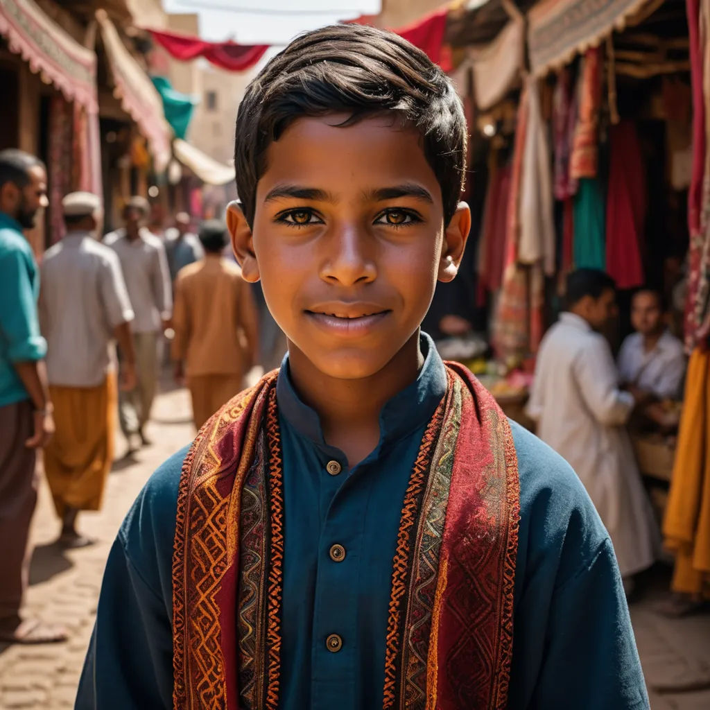 a young boy standing in a crowded street in a village in india, with people walking around him and a few shops, samikshavad, a character portrait, Amir Zand, cinematic photography