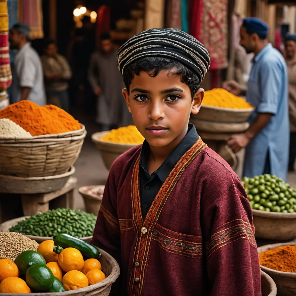 a boy standing in front of a bowl of food in a market place with other bowls of food in the background, hurufiyya, a stock photo, Amir Zand, cinematic photography