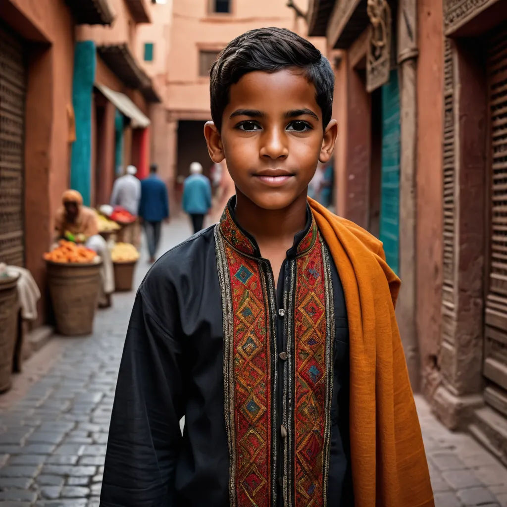 a young boy standing in a narrow alleyway in a city with people walking by and a building in the background, hurufiyya, a character portrait, Amir Zand, portrait photography