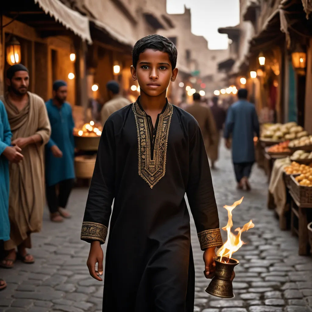 a boy in a black outfit holding a bell in a street with people in the background and a crowd of people in the background, hurufiyya, egyptian art, Farid Mansour, orientalism