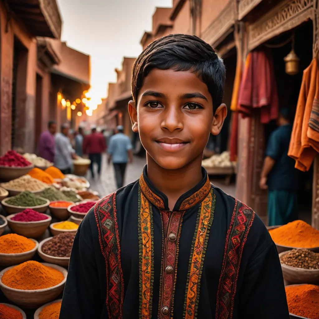 a young boy standing in front of a market filled with lots of different colored spices and spices in bowls, samikshavad, a stock photo, Bholekar Srihari, portrait photography