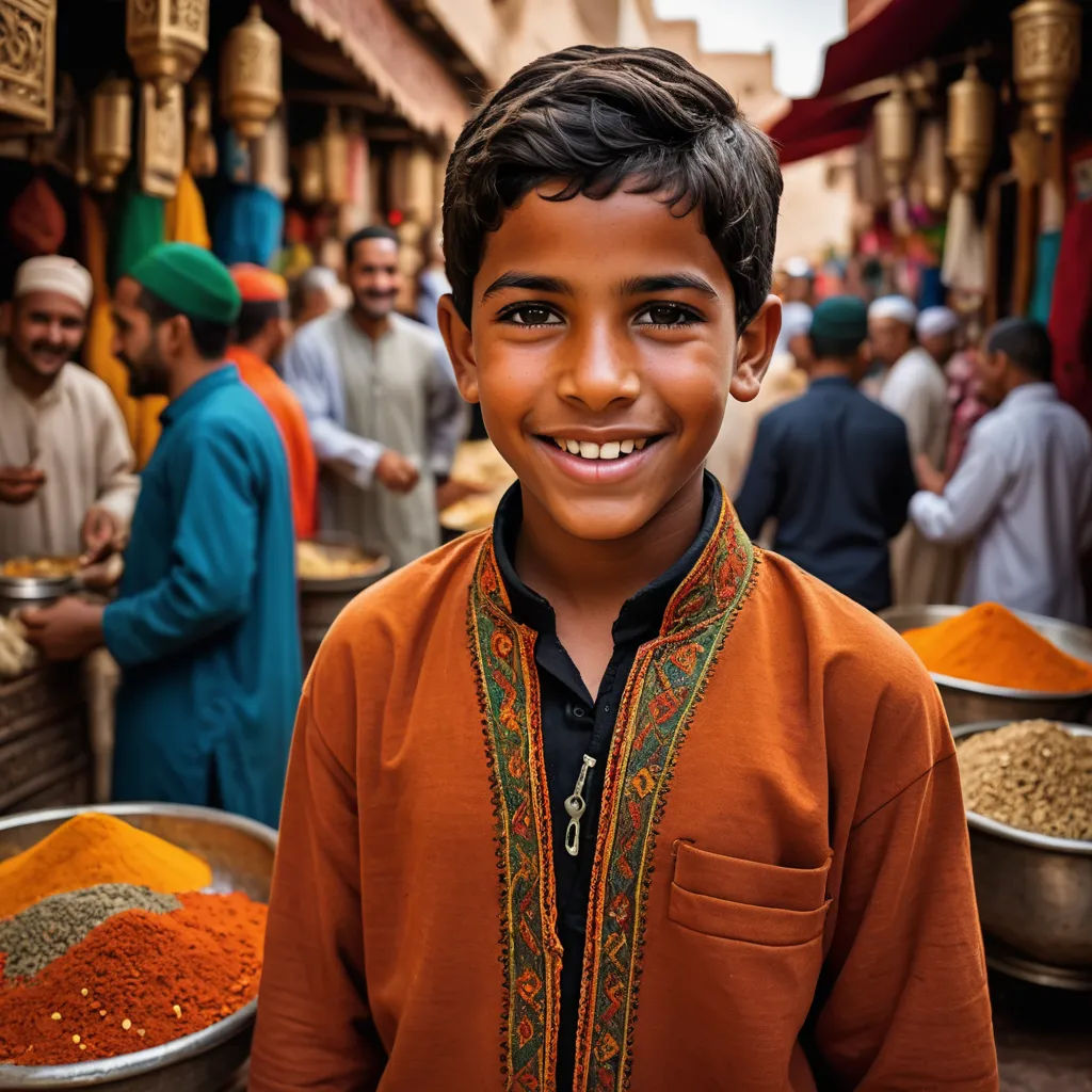 a young boy standing in front of a market with lots of food on display in bowls and bowls on the ground, samikshavad, a stock photo, Amir Zand, portrait photography