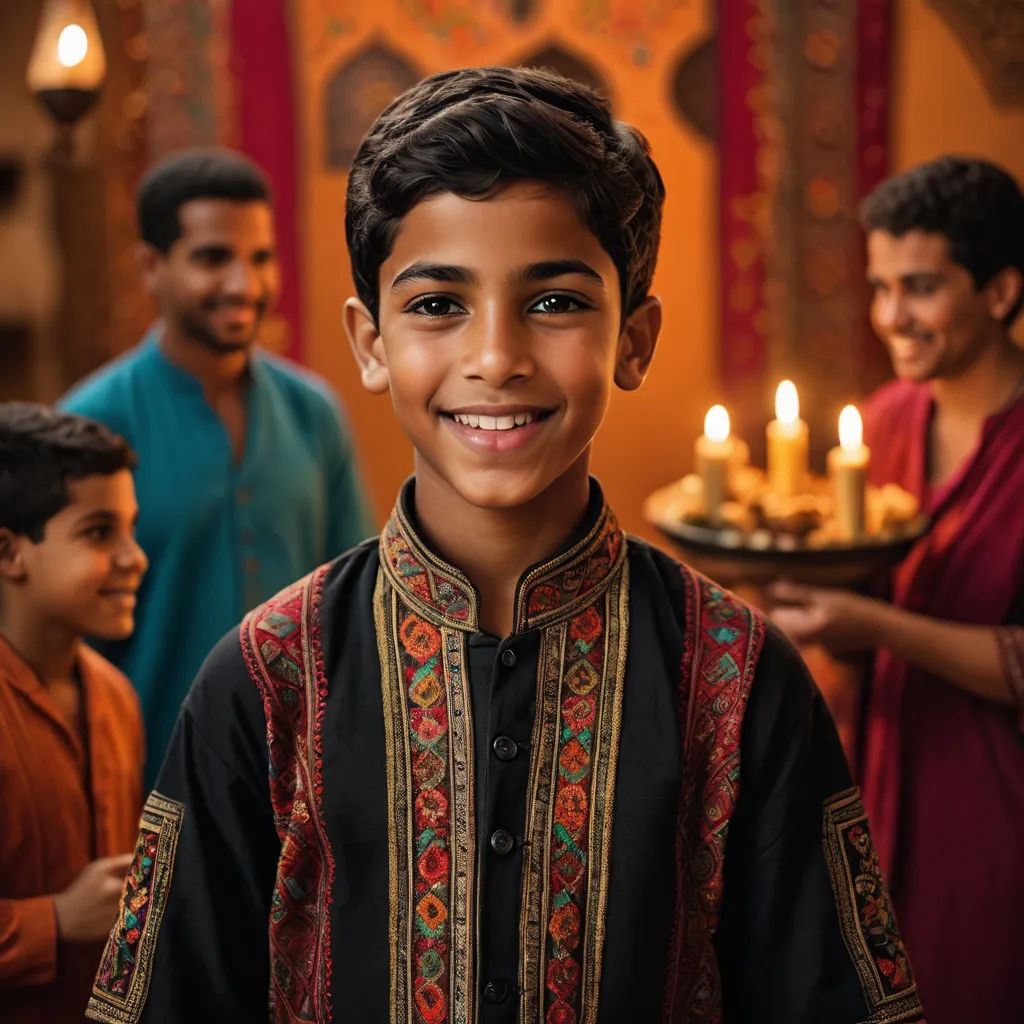 a boy in a black shirt and some people and a cake with candles on it and a tray with candles, hurufiyya, a stock photo, Ella Guru, orientalism