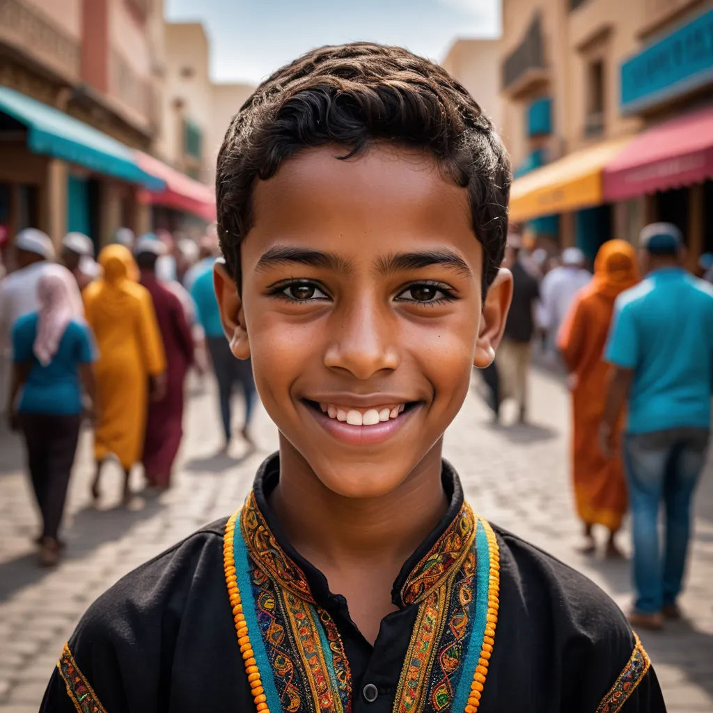 a young boy smiling in a crowded street in a small town in africa, africa, africa, africa, hurufiyya, a stock photo, Abdullah Gërguri, portrait photography