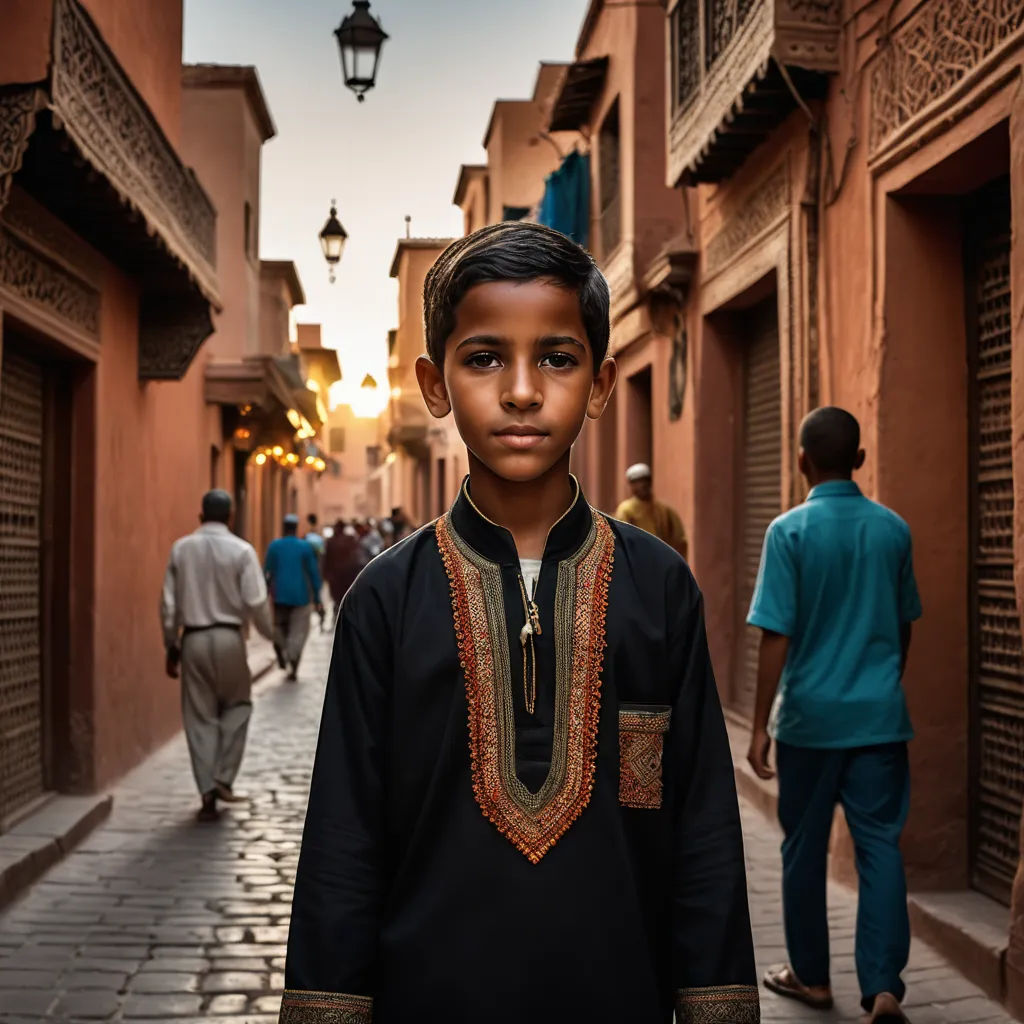 a young boy standing in a narrow alley way in a city with people walking by on either side of the alleyway, hurufiyya, egyptian art, Farid Mansour, cinematic photography