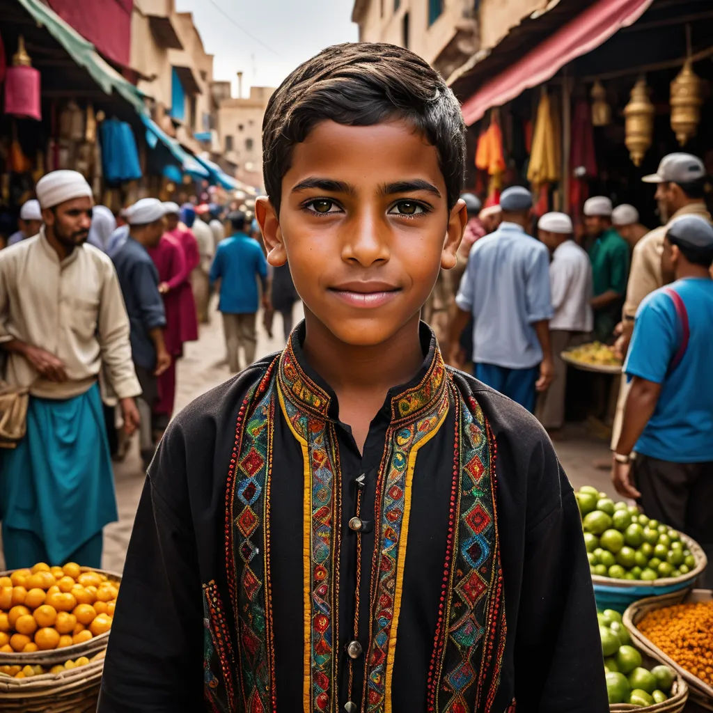 a young boy standing in front of a market with lots of fruit in baskets and people walking around him, hurufiyya, a stock photo, Farid Mansour, orientalism