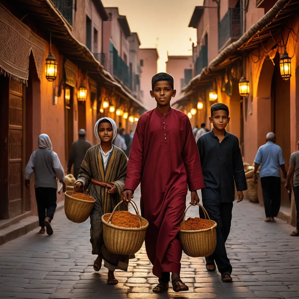 a man and two children carrying baskets down a street in a city at sunset or dawn, with people walking by, art photography, egyptian art, Farid Mansour, cinematic photography