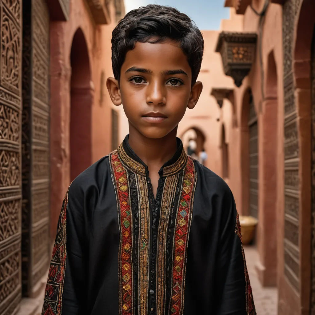 a young boy in a black shirt standing in a narrow alley way with a blue sky in the background, hurufiyya, a character portrait, Amir Zand, portrait photography