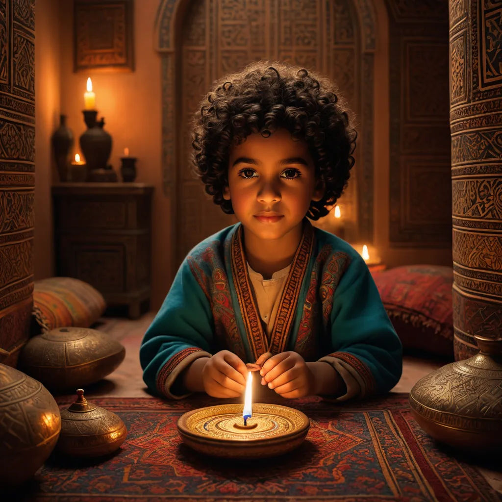 a young boy sitting at a table with a lit candle in front of him and a decorative vase behind him, dau-al-set, egyptian art, Amir Zand, cinematic photography