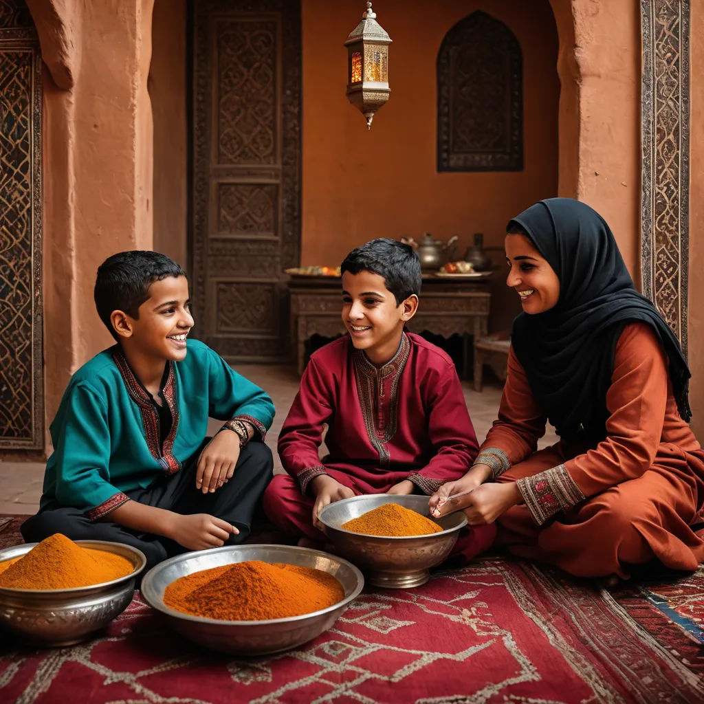 a woman and two boys sitting on a rug with bowls of food in front of them and a lamp hanging above them, hurufiyya, a stock photo, Amir Zand, orientalism