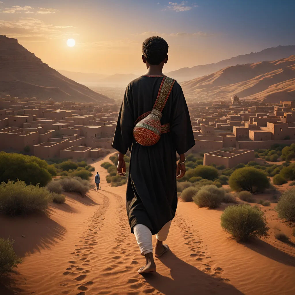 a man walking down a desert road with a basket on his back and a desert landscape in the background, art photography, a detailed matte painting, Amir Zand, cinematic photography
