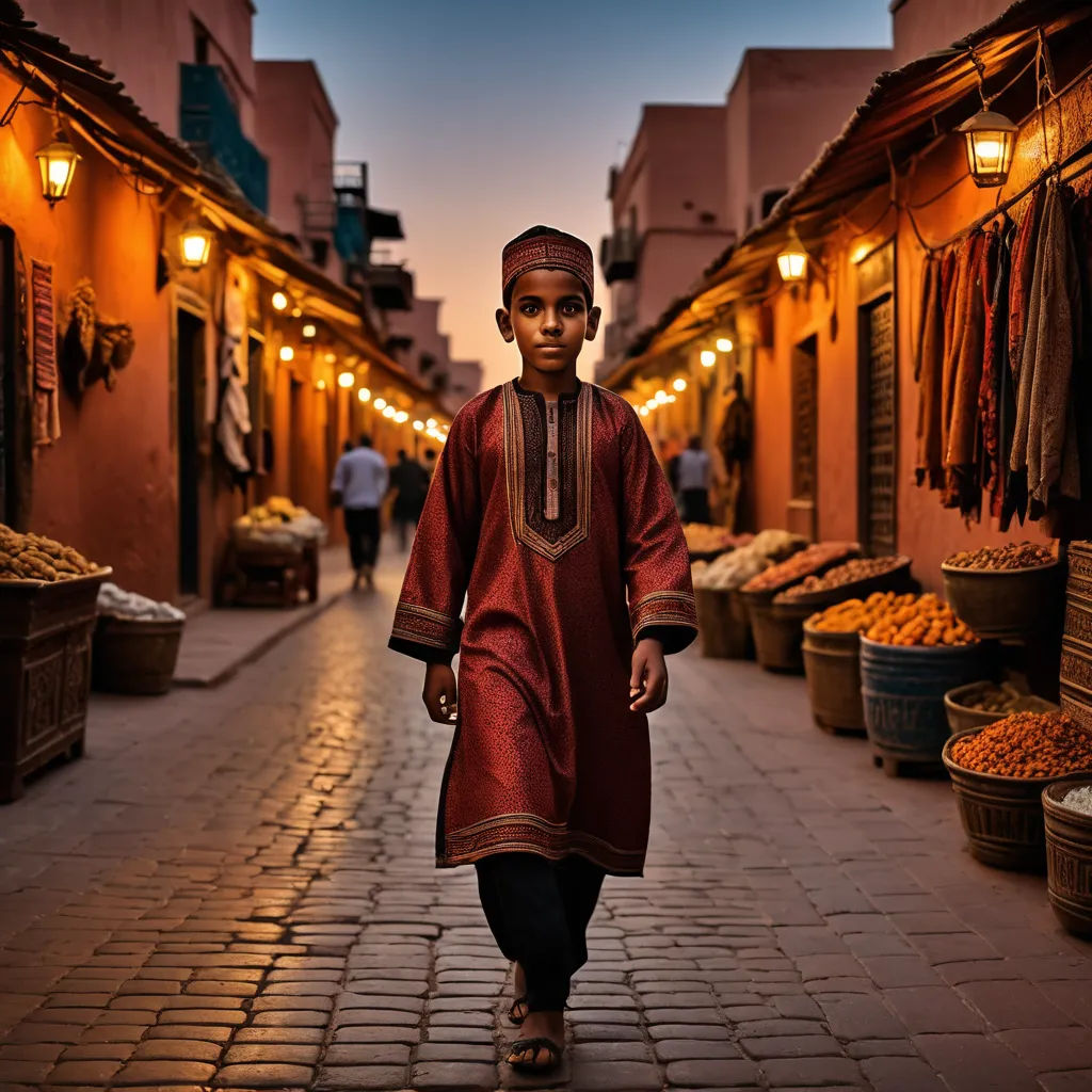 a man walking down a street next to a store filled with produce and vegetables on display on tables and lamps, art photography, egyptian art, Farid Mansour, cinematic photography