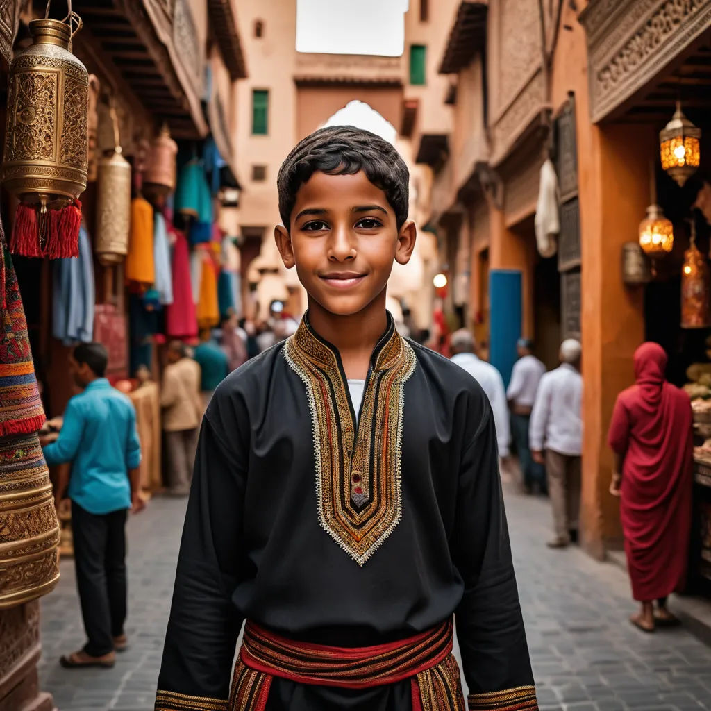 a young boy in a black shirt and a red and blue shirt and some people and a building and a street, hurufiyya, a tilt shift photo, Farid Mansour, shallow depth of field