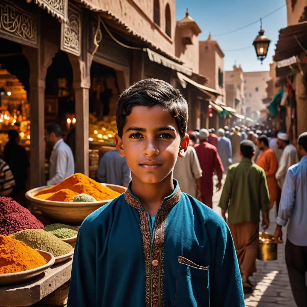 a young boy standing in front of a market with lots of colorful spices on display in the background,, hurufiyya, a stock photo, Amir Zand, orientalism