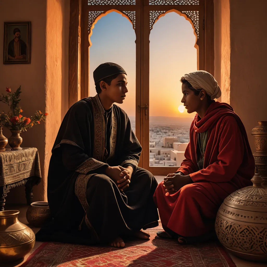 a man and a woman sitting on a rug in front of a window with a view of the city, dau-al-set, a poster, Fathi Hassan, cinematic photography