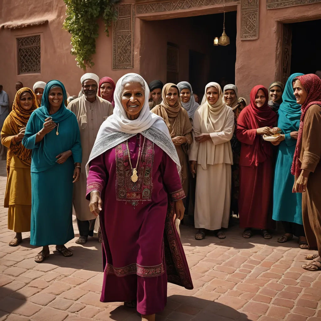 a group of people standing around each other on a brick walkway with a woman in a headscarf, hurufiyya, egyptian art, Aya Goda, promotional image