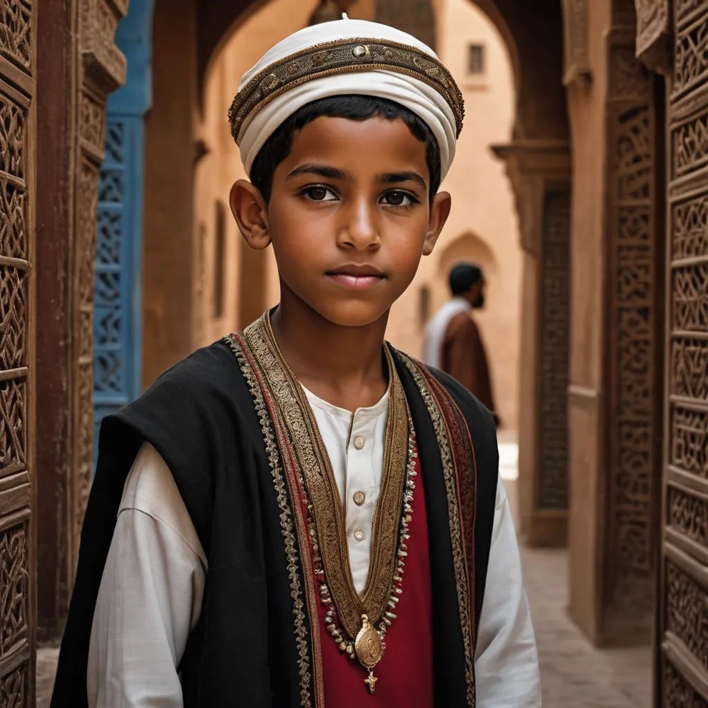 a young boy wearing a hat and a black vest and a red vest and a white shirt and a black and gold necklace, hurufiyya, egyptian art, Amir Zand, orientalism