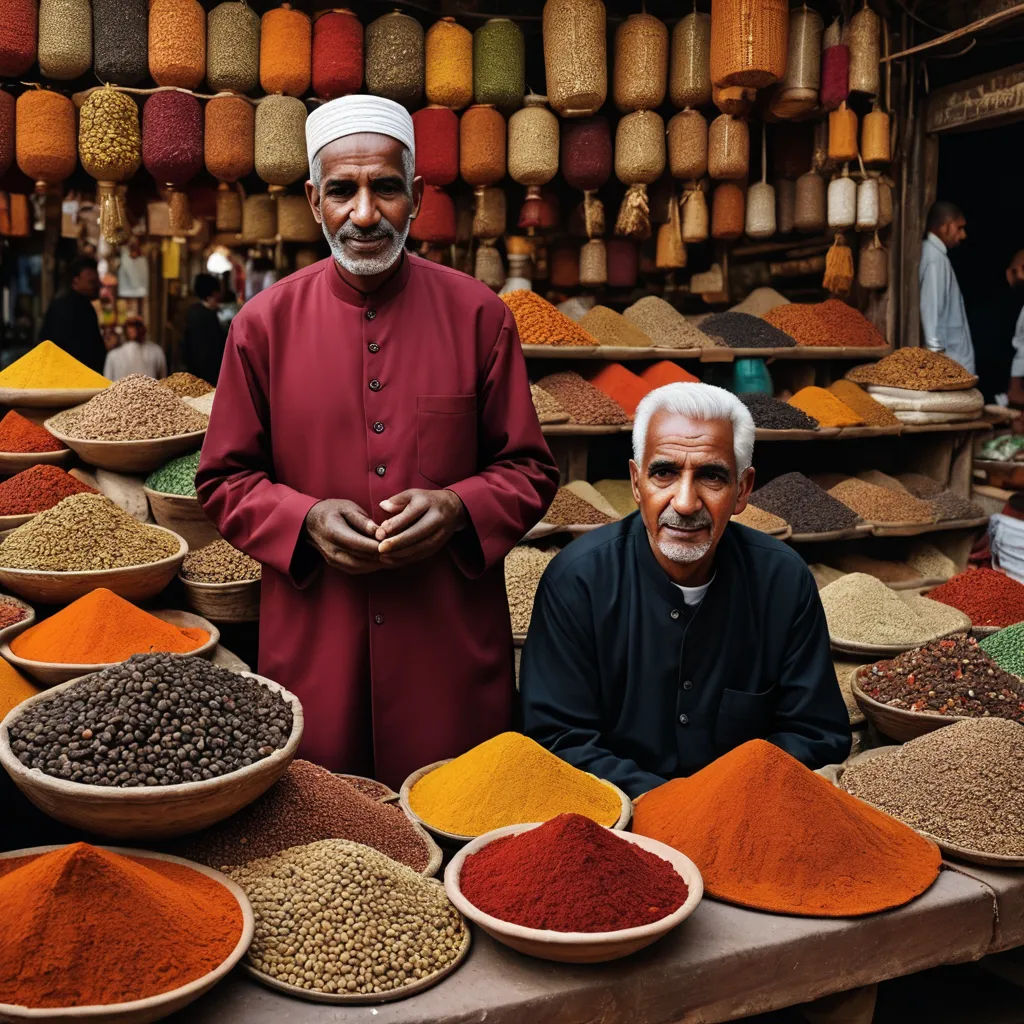 two men standing in front of a table filled with spices and spices in bowls and bowls on the table, international typographic style, egyptian art, Farid Mansour, orientalism
