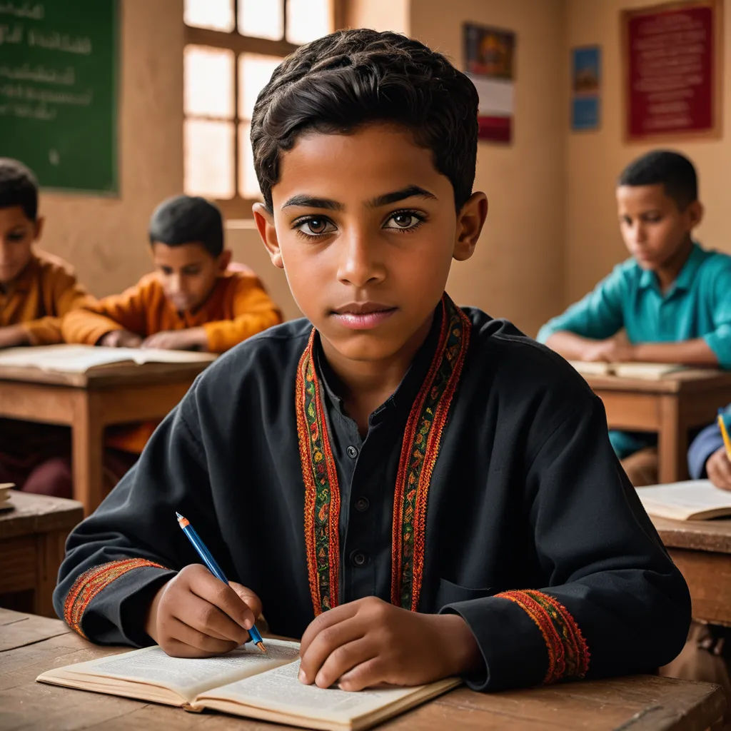 a boy is sitting at a desk with a book and pen in his hand and other children are sitting at desks behind him, paris school, a stock photo, Fathi Hassan, f 1. 8