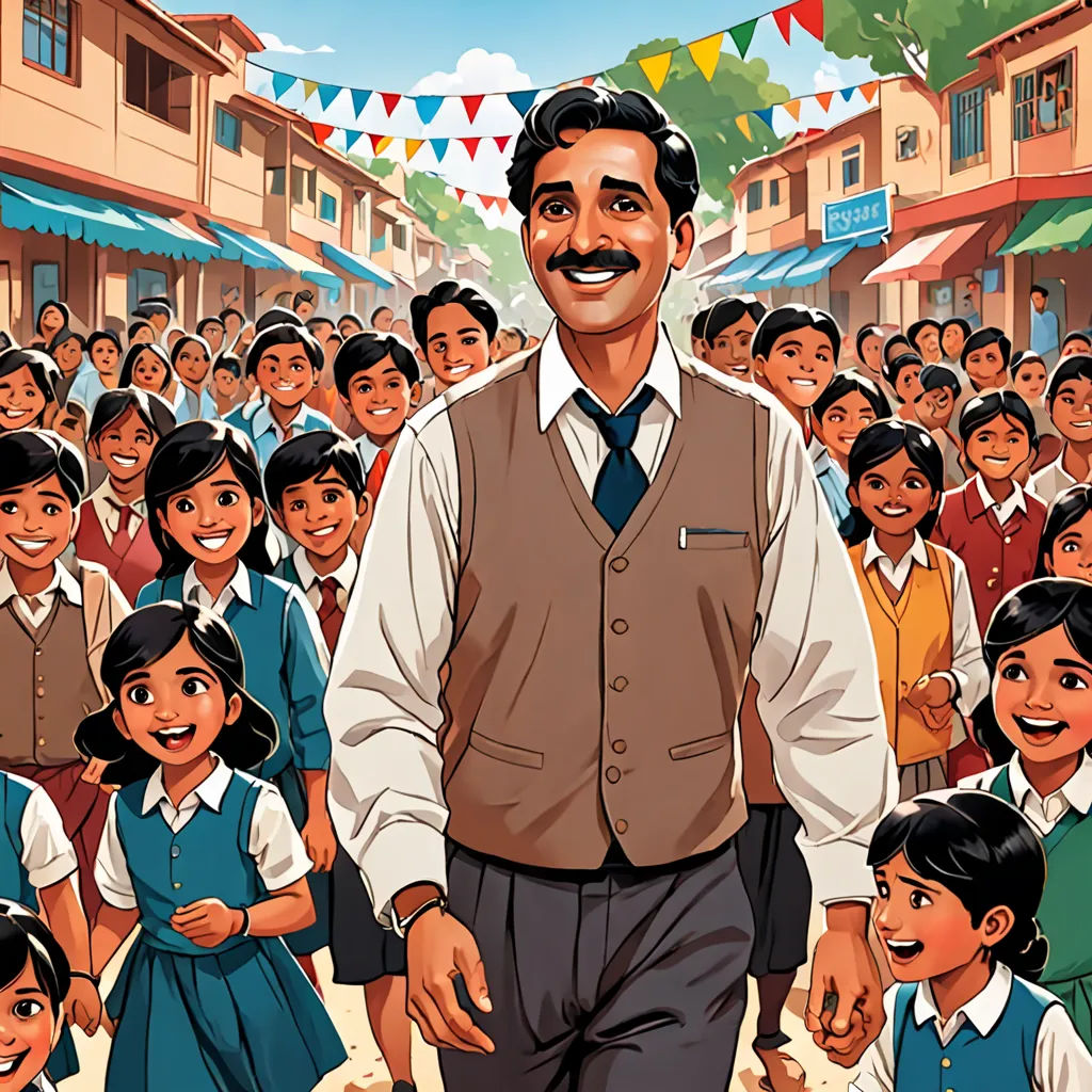 a man in a suit and tie standing in front of a crowd of children in school uniforms and smiling, samikshavad, a storybook illustration, Bhupen Khakhar, promotional image