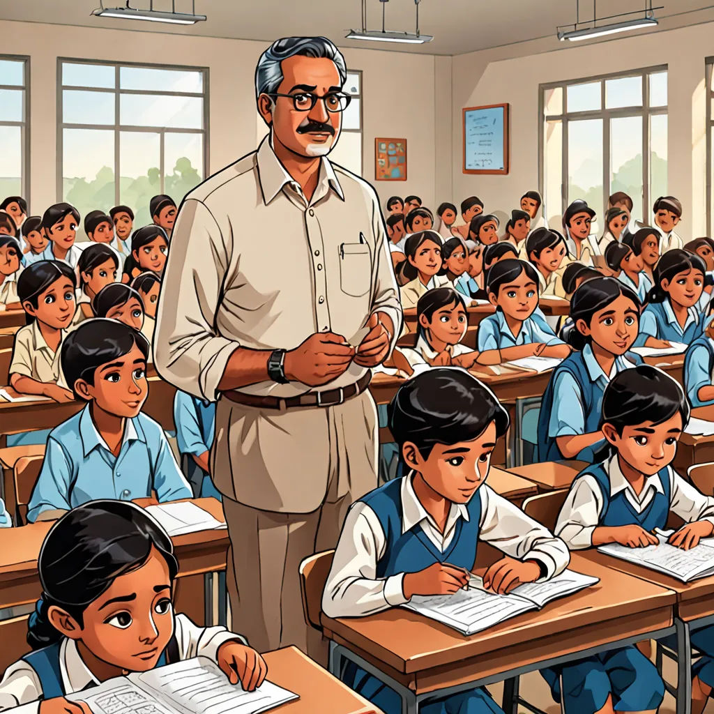 a man standing in front of a classroom full of students with a teacher in front of him and a teacher in the back, bengal school of art, a storybook illustration, Bapu, detailed illustration